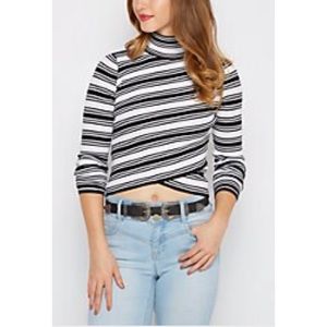 Black & White Striped Crossover Crop Mock Sweater